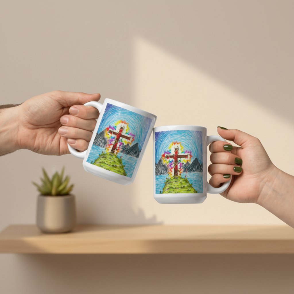 Two hands holding mugs with a colorful cross design on a white background