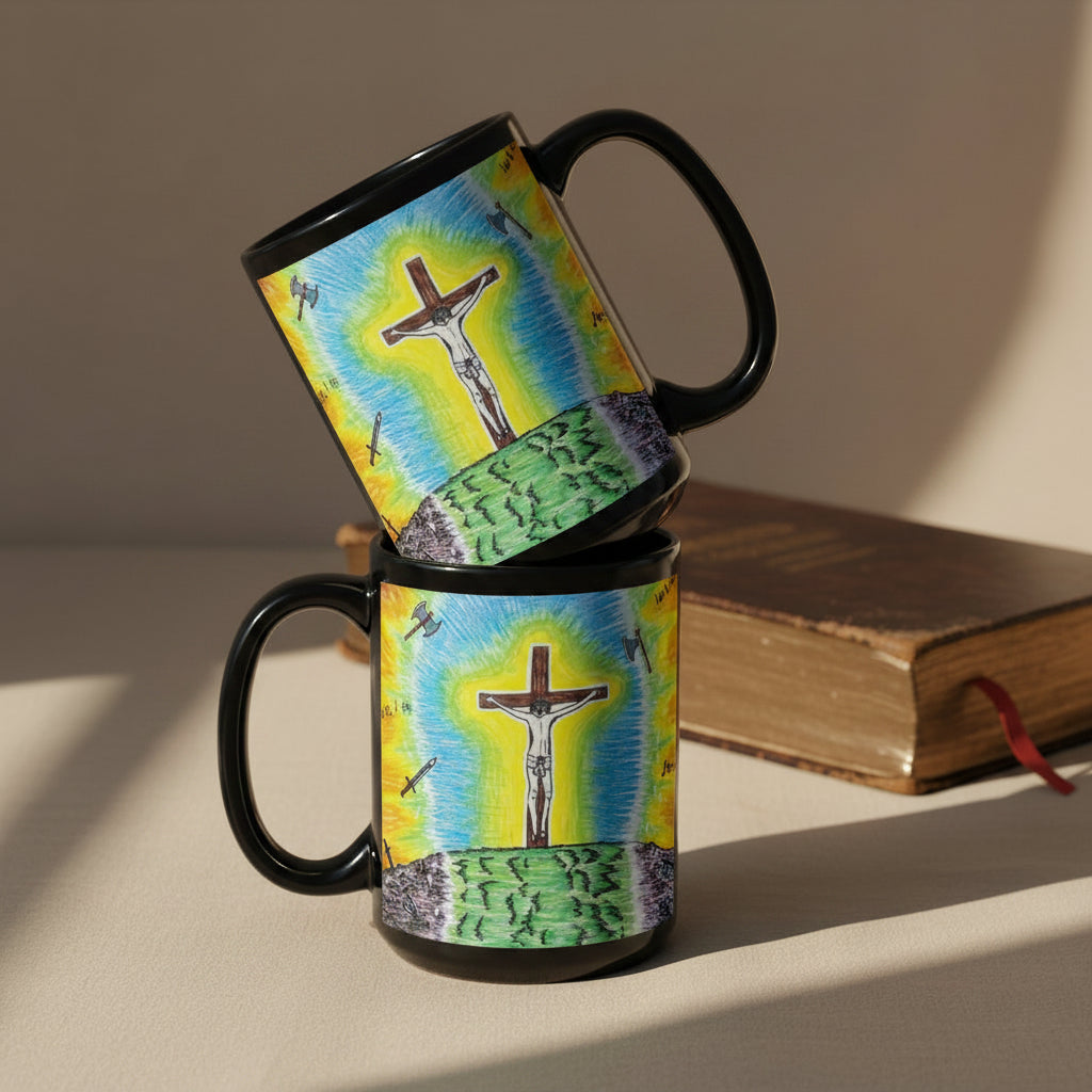 The Ultimate Sacrifice 15oz black personalised mug featuring Jesus on the cross with hateful words and weapons being thrown at Him but a radiant light protects Him – AllThingsGoode
