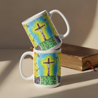 The Ultimate Sacrifice 11oz white personalised mug featuring Jesus on the cross with hateful words and weapons being thrown at Him but a radiant light protects Him  – AllThingsGoode