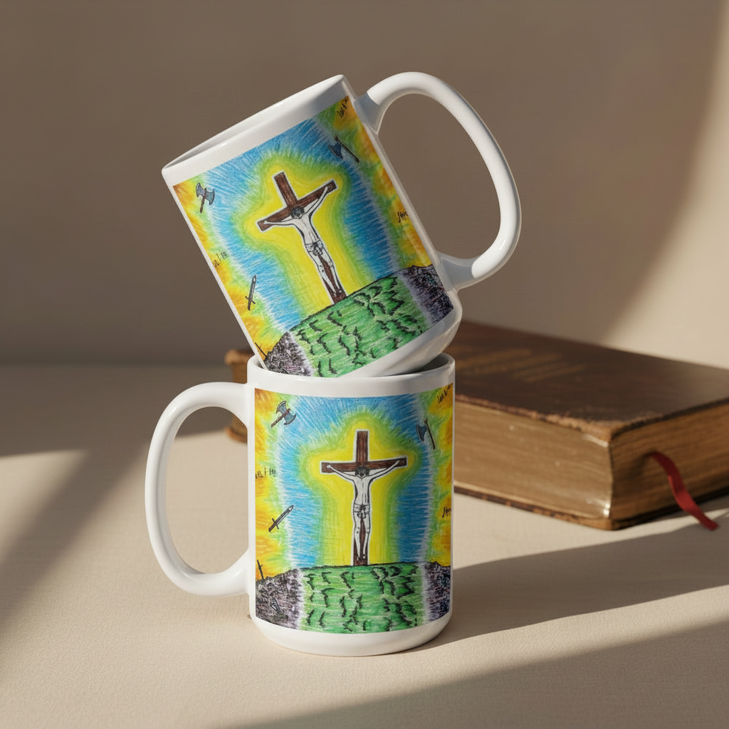 The Ultimate Sacrifice 11oz white personalised mug featuring Jesus on the cross with hateful words and weapons being thrown at Him but a radiant light protects Him  – AllThingsGoode