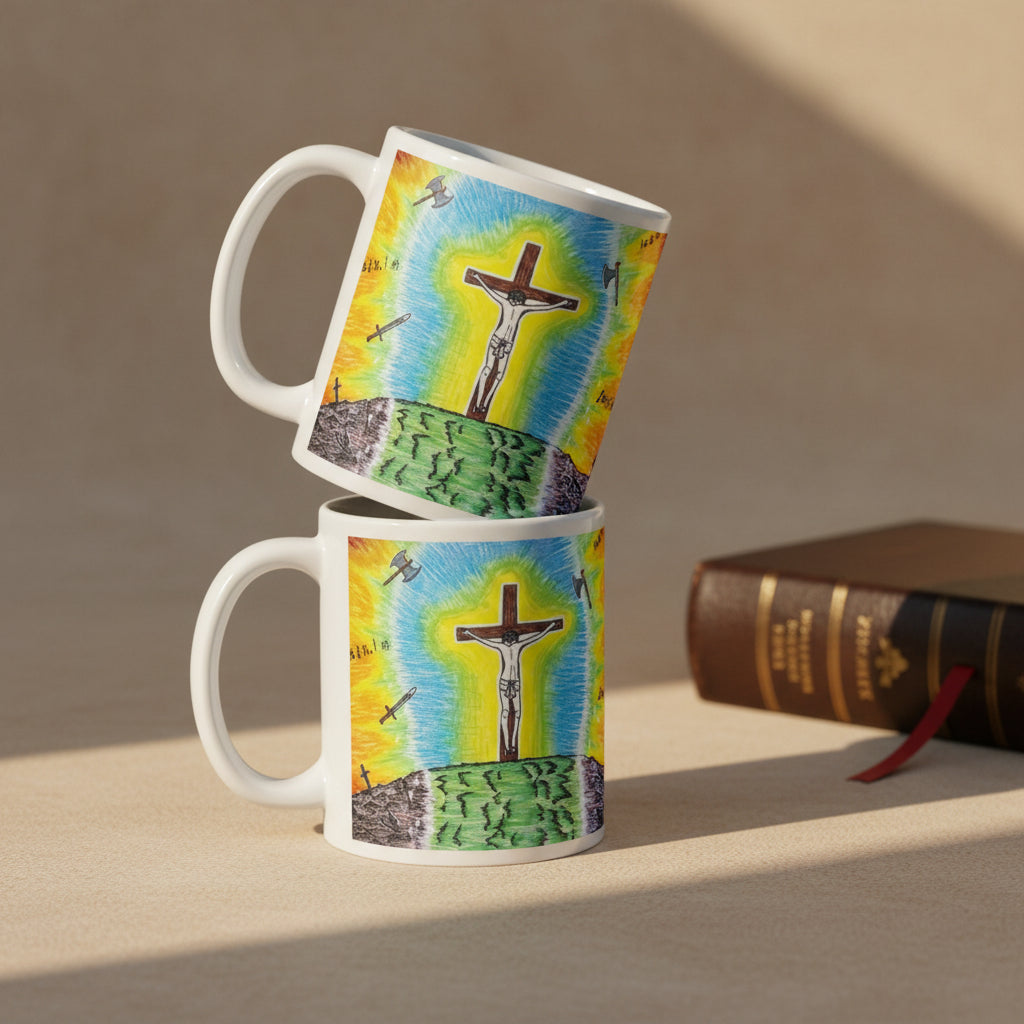 The Ultimate Sacrifice 11oz white personalised mug featuring Jesus on the cross with hateful words and weapons being thrown at Him but a radiant light protects Him  – AllThingsGoode