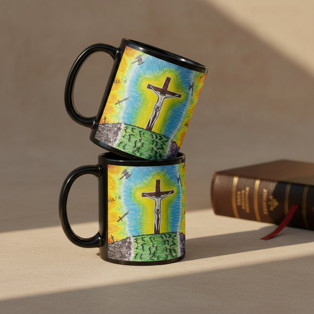 The Ultimate Sacrifice 11oz black personalised mug featuring Jesus on the cross with hateful words and weapons being thrown at Him but a radiant light protects Him  – AllThingsGoode