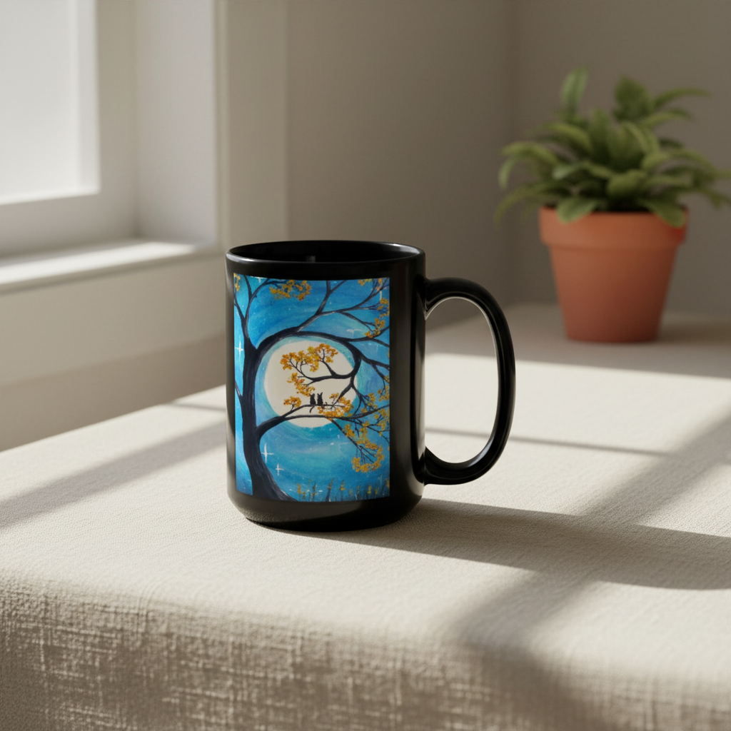 Black mug with a decorative design of a tree, moon, and two silhouettes against a blue sky.