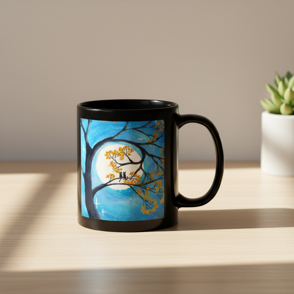 Black mug with a decorative design of a tree, moon, and birds on a blue background.