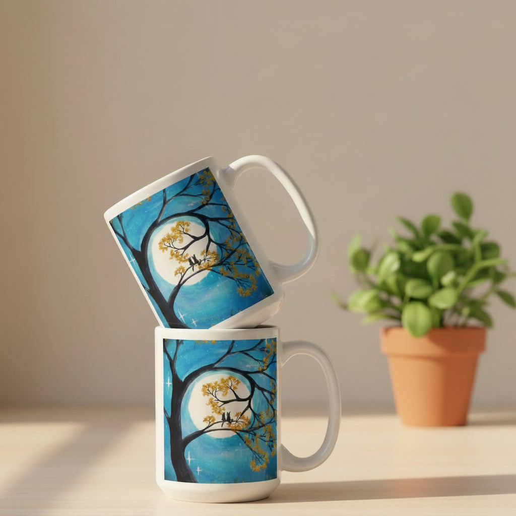Two Cats In A Tree 15oz White featuring two cats on a tree with a full moon in the background – AllThingsGoode