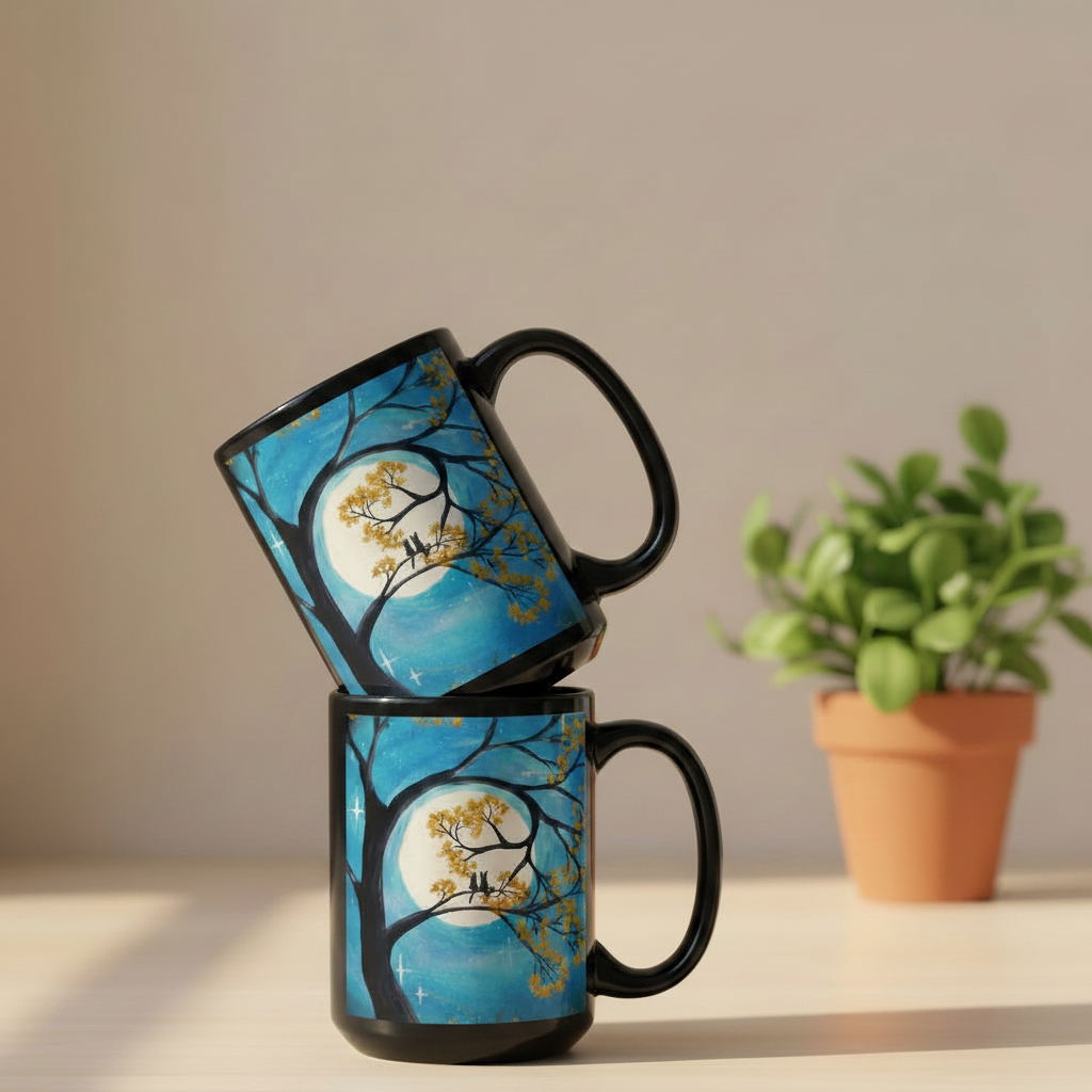 Two Cats In A Tree 15oz black featuring two cats on a tree with a full moon in the background – AllThingsGoode