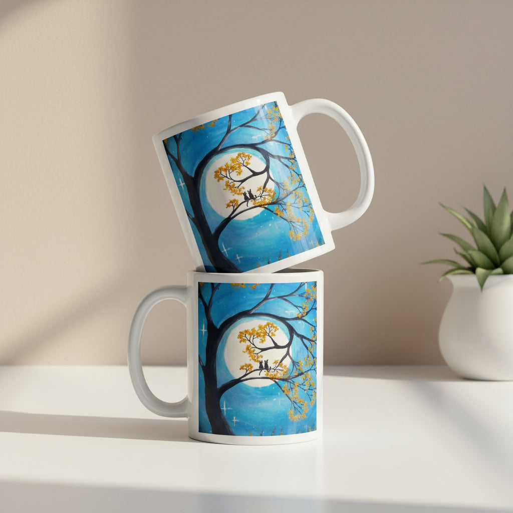 Two Cats In A Tree 11oz White featuring two cats on a tree with a full moon in the background – AllThingsGoode