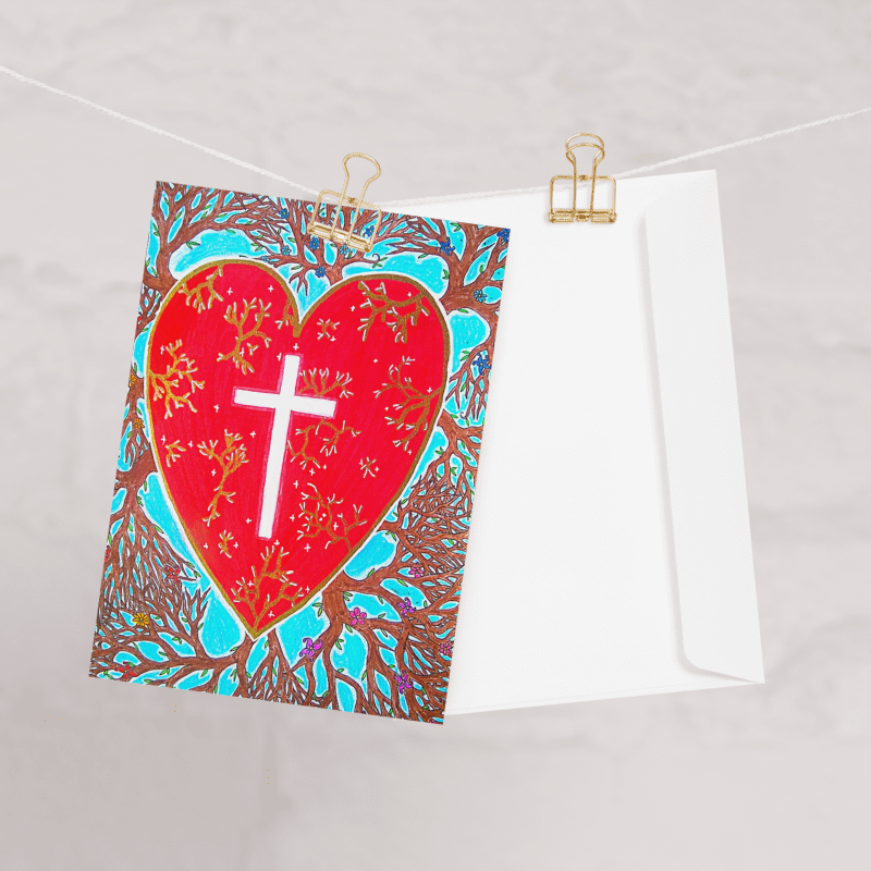 Rooted In Love 4x6 & 5x7 Christian greeting card with red heart and cross design – AllThingsGoode