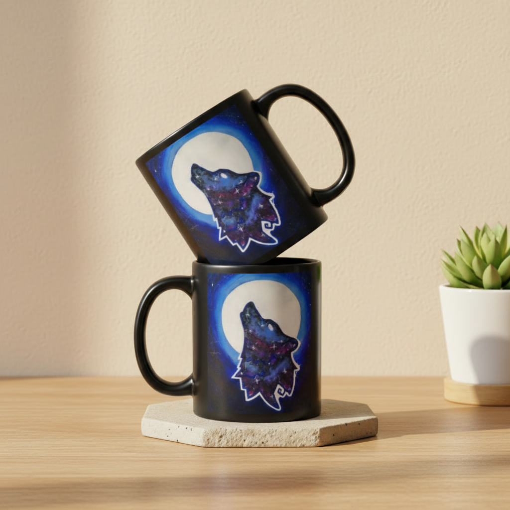 Galaxy Wolf 11oz personalised mug featuring a howling galaxy-painted wolf with a full moon in the background – AllThingsGoode