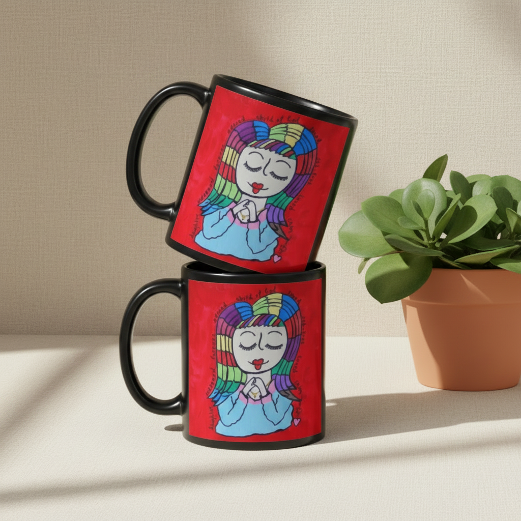 Child of God 11oz black personalised mug featuring a girl with rainbow coloured hair with encouraging and uplifting words surrounding her – AllThingsGoode
