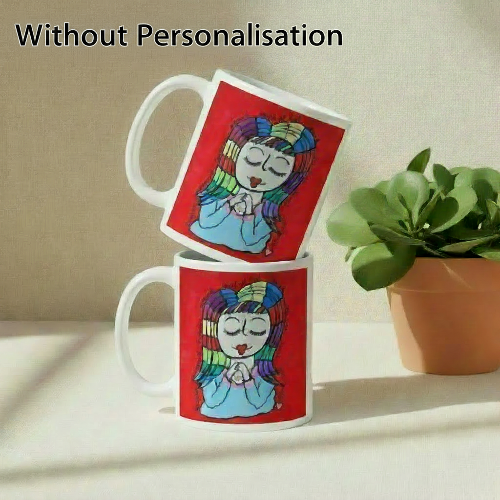 Child of God 11oz white personalised mug featuring a girl with rainbow coloured hair with encouraging and uplifting words surrounding her – AllThingsGoode