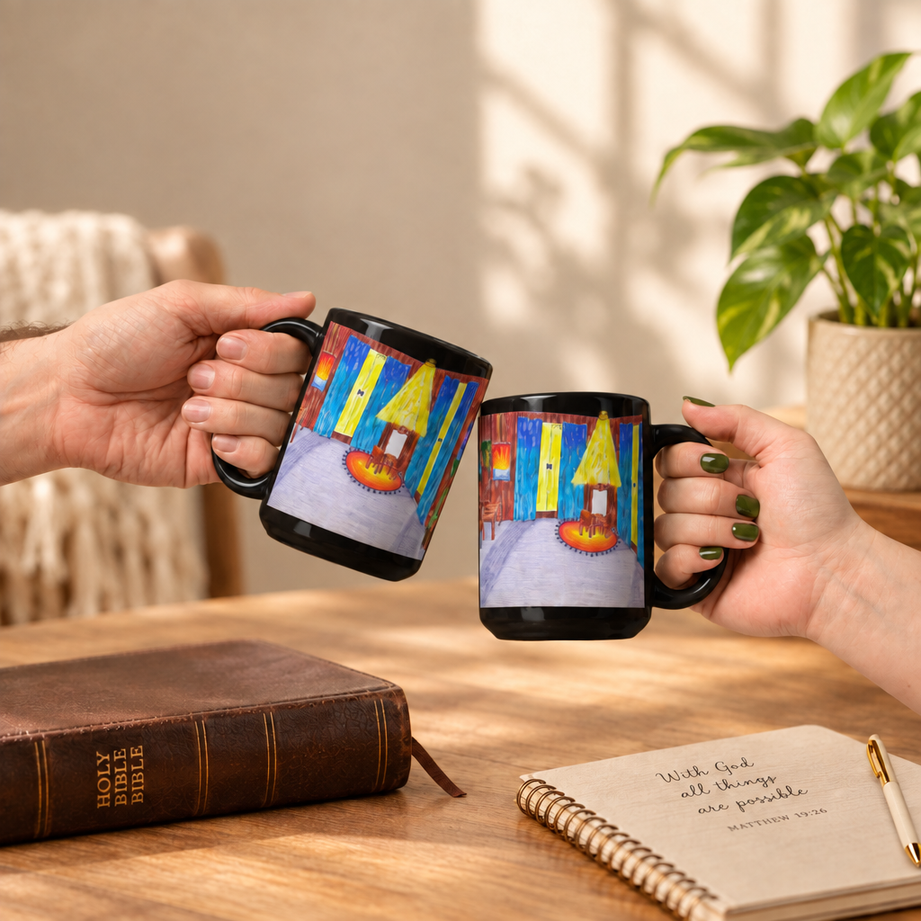 God's Plan white 15oz personalised mug featuring a room with Jesus and you in the corner painting and laughing together – AllThingsGoode