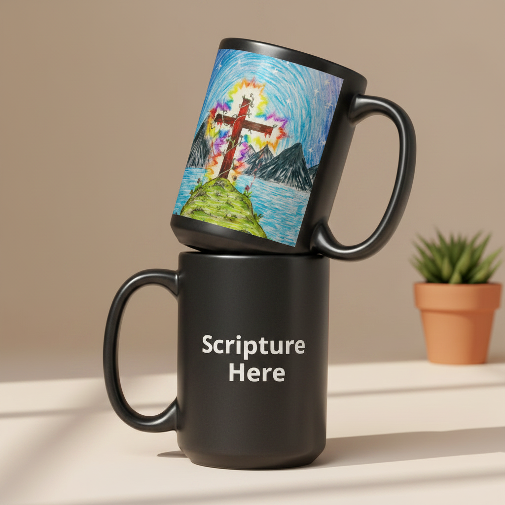 The Glorious Cross 15oz black personalised mug featuring the cross of Jesus shining the glorious light, lighting up it's surroundings – AllThingsGoode