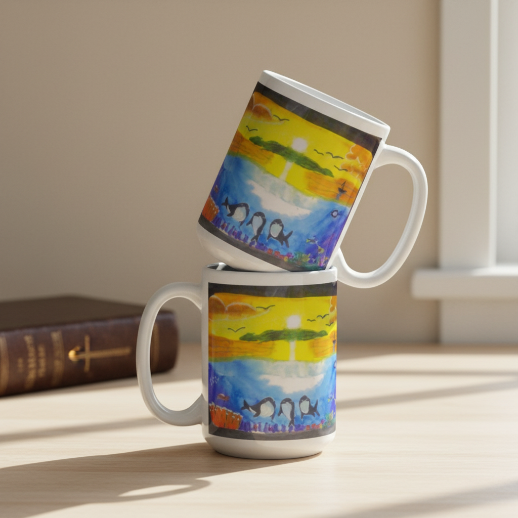 Dolfriends white 15oz personalised mug featuring three dolphin friends in a beautiful ocean with a sunset in the background – AllThingsGoode