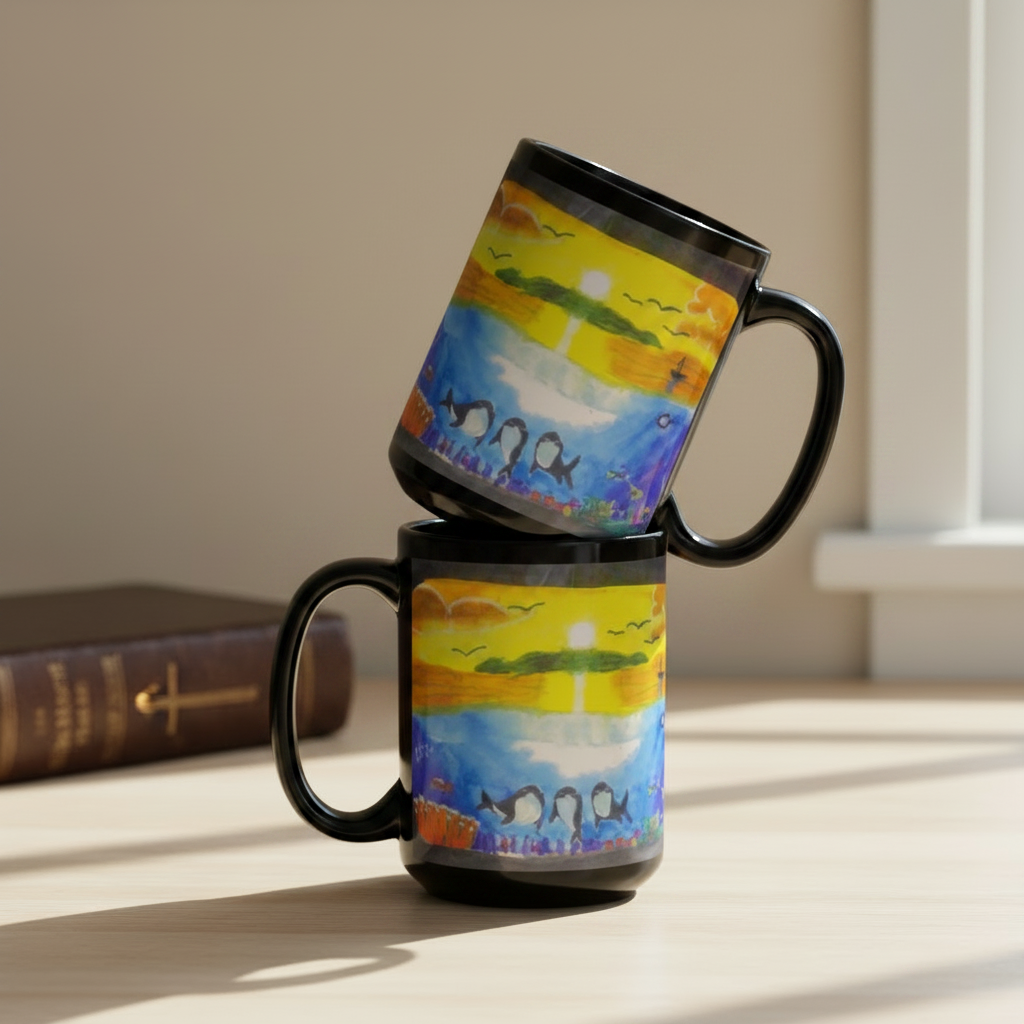 Dolfriends black 15oz personalised mug featuring three dolphin friends in a beautiful ocean with a sunset in the background – AllThingsGoode