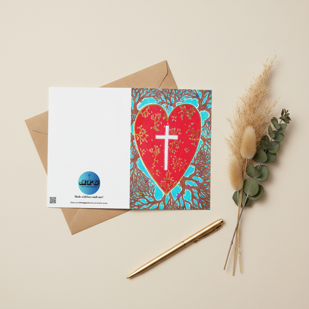 Rooted In Love 4x6 & 5x7 Christian greeting card with red heart and cross design – AllThingsGoode