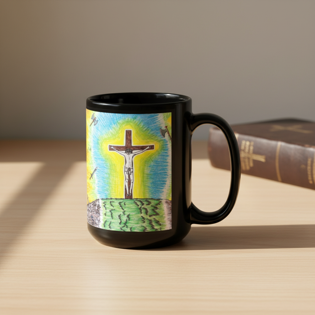 A glossy black ceramic mug featuring a colorful printed illustration of a crucifix with a bright yellow and blue glow, green ground, and small birds.