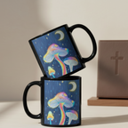 Glowing Mushrooms white 11oz personalised mug featuring 3 glowing mushrooms with a rainy midnight background and a crescent moon – AllThingsGoode