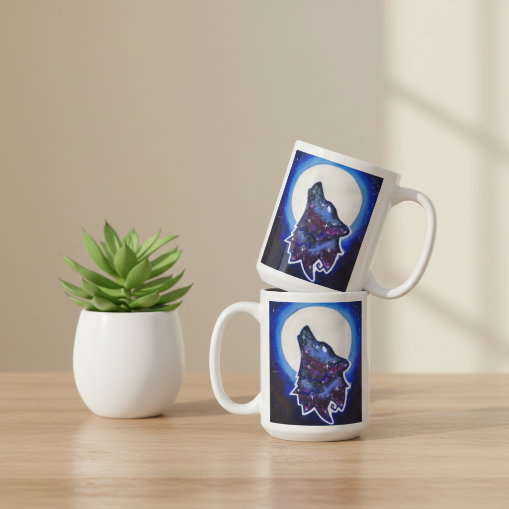 Galaxy Wolf 15oz personalised mug featuring a howling galaxy-painted wolf with a full moon in the background – AllThingsGoode