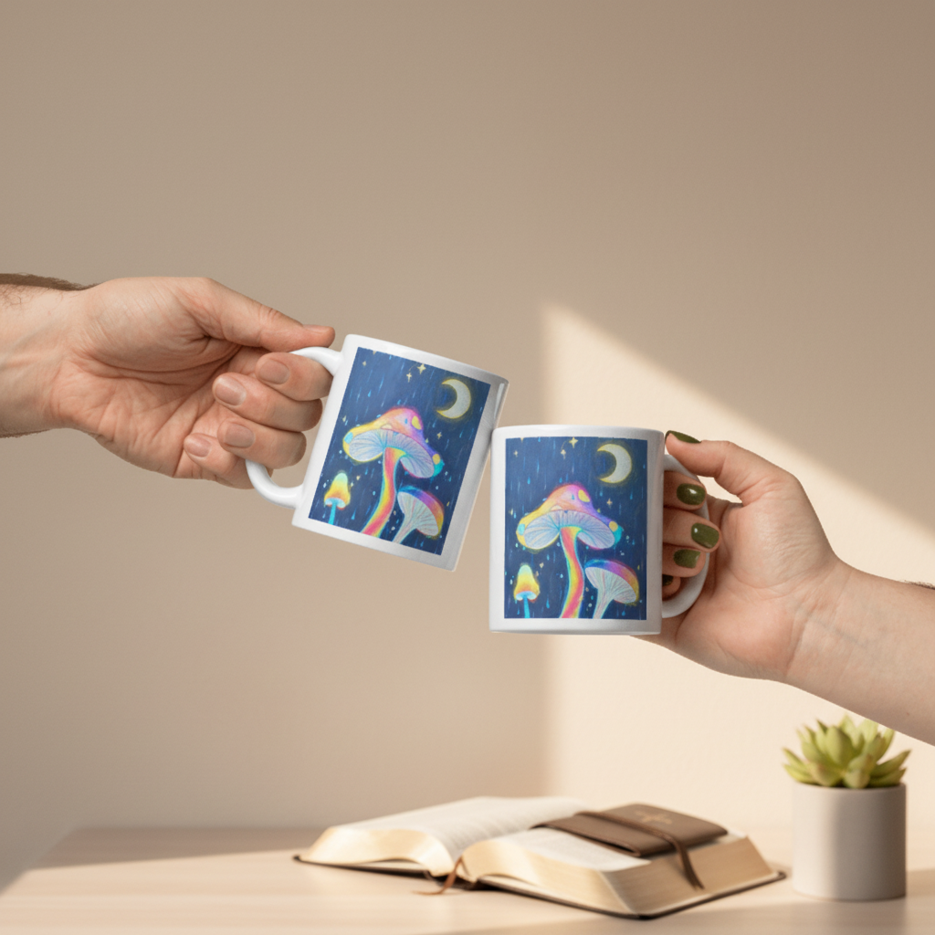 Glowing Mushrooms white 11oz personalised mug featuring 3 glowing mushrooms with a rainy midnight background and a crescent moon – AllThingsGoode