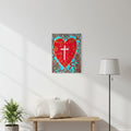 Card with a red heart and white cross on a blue and brown leafy background