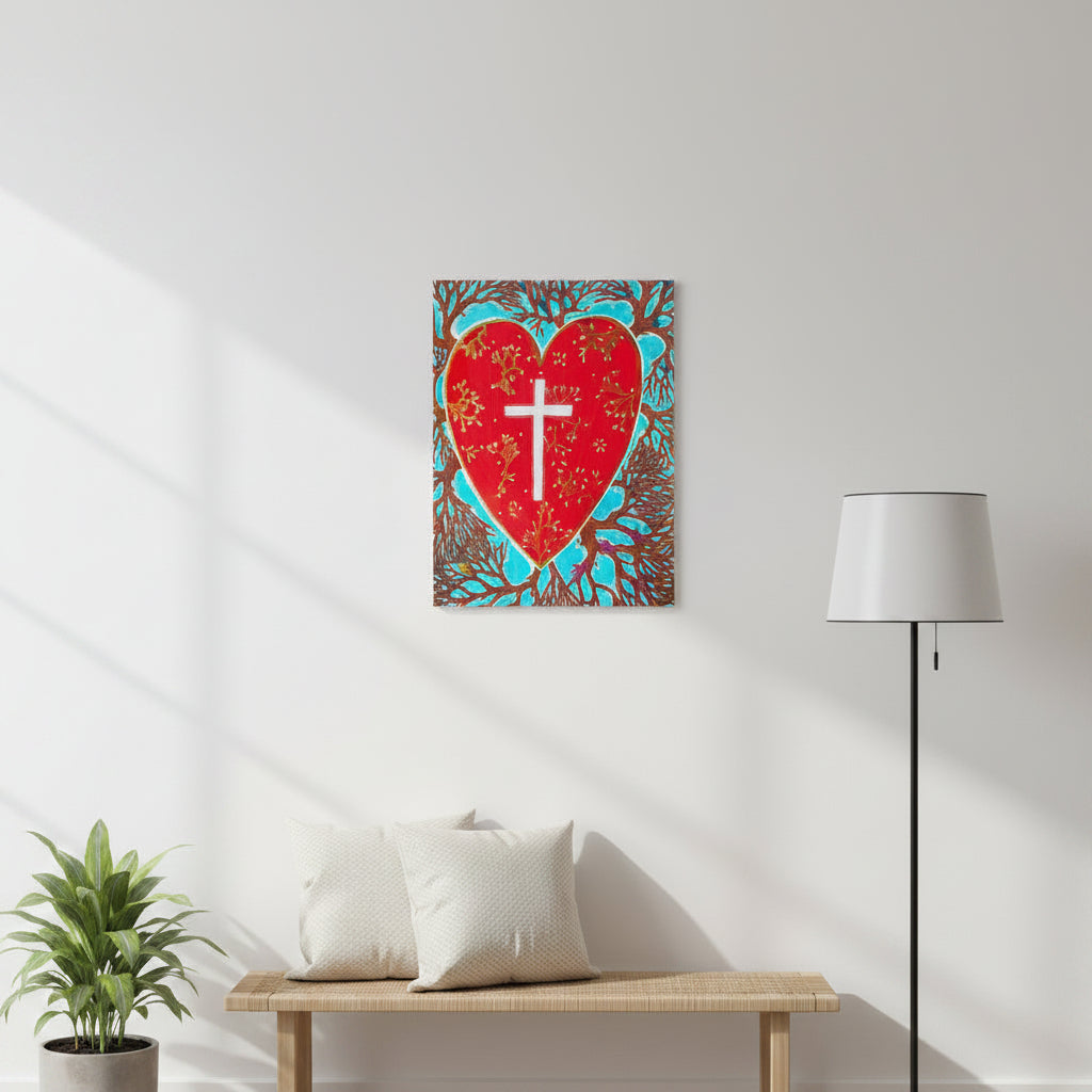 Card with a red heart and white cross on a blue and brown leafy background