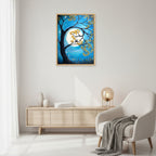 Canvas print of a tree with yellow leaves against a blue sky with a full moon and stars.