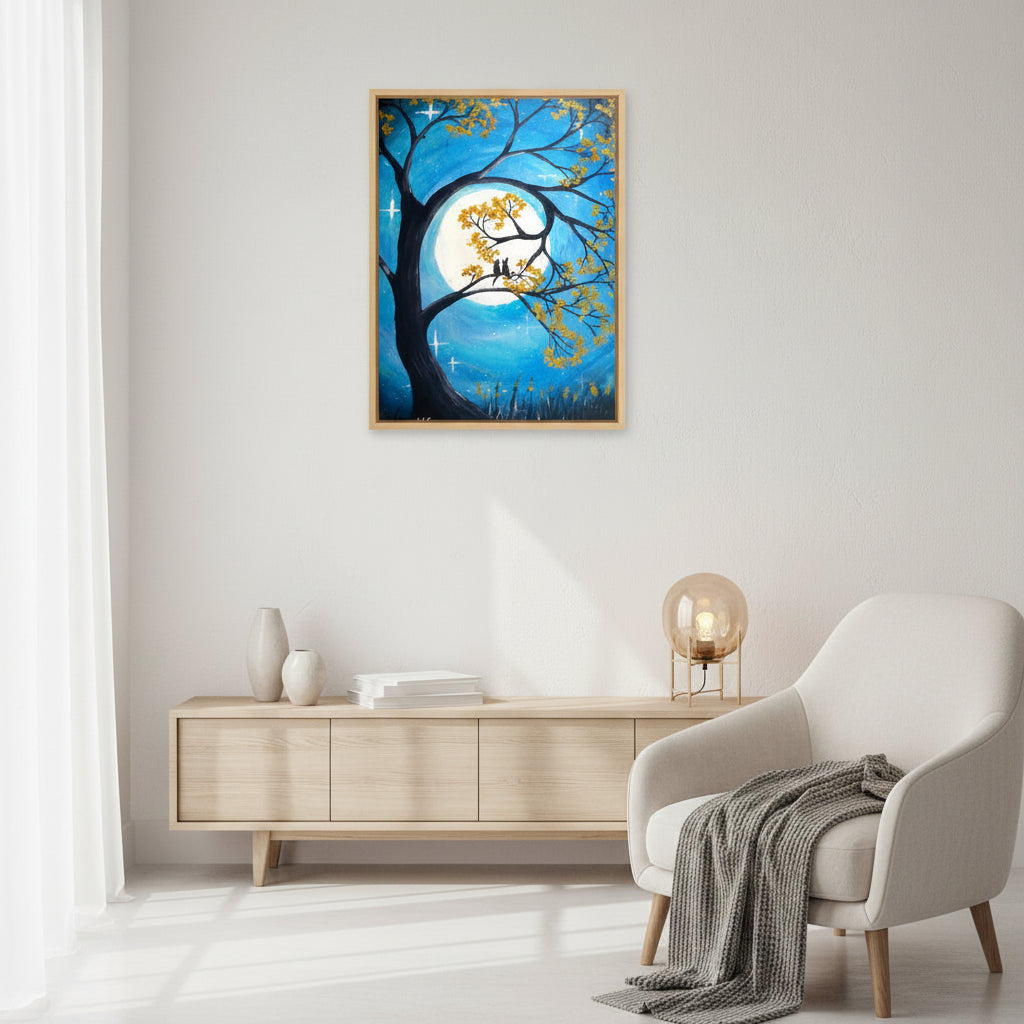 Canvas print of a tree with yellow leaves against a blue sky with a full moon and stars.
