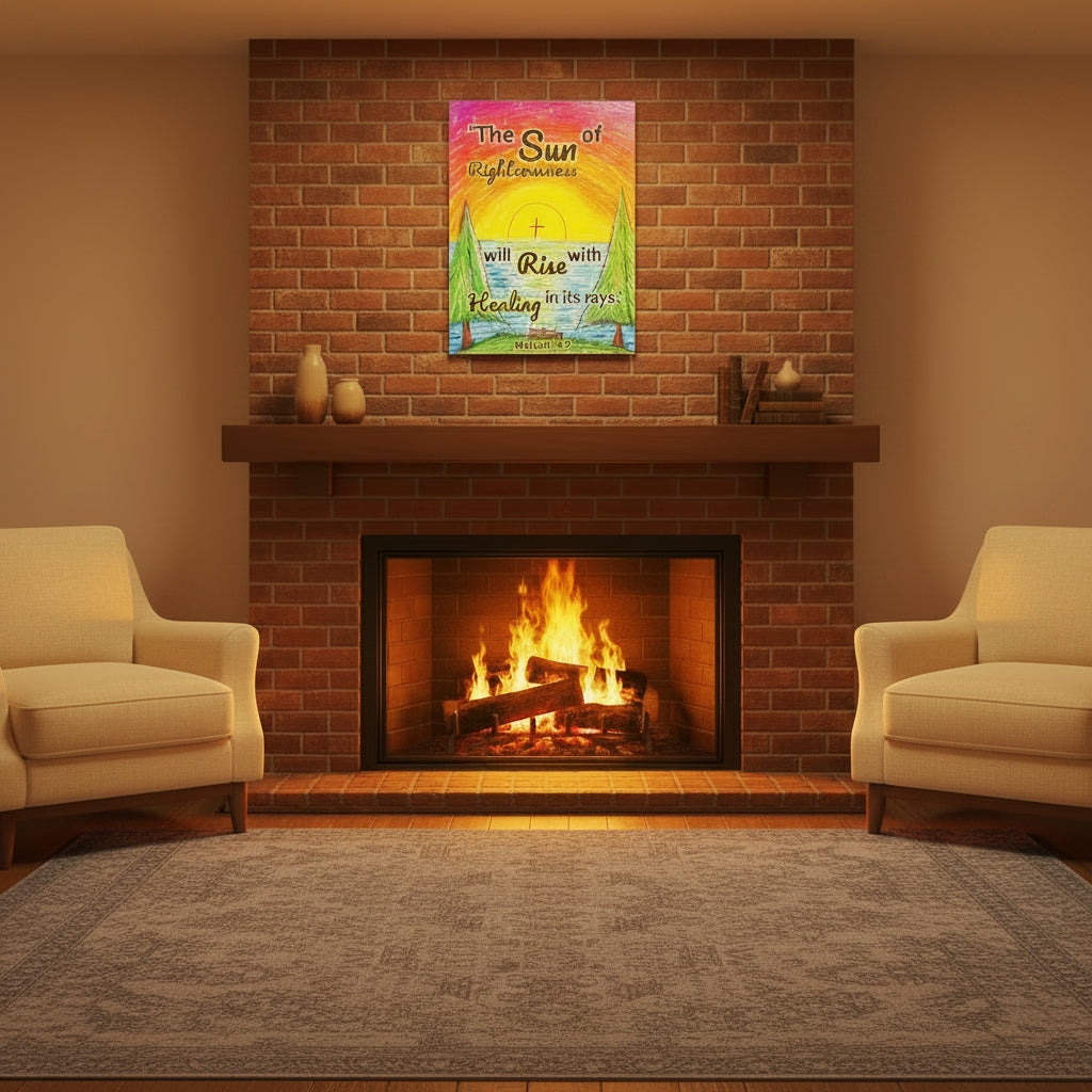 Poster with a sunrise design with Malachi 4:2, "The sun of righteousness will rise with healing in its rays."