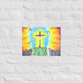 A colourful hand-drawn religious art print depicting a crucifix with Jesus on a hill, surrounded by blue and yellow light rays, with swords and crosses on a hillside below, shown against a plain white background.
