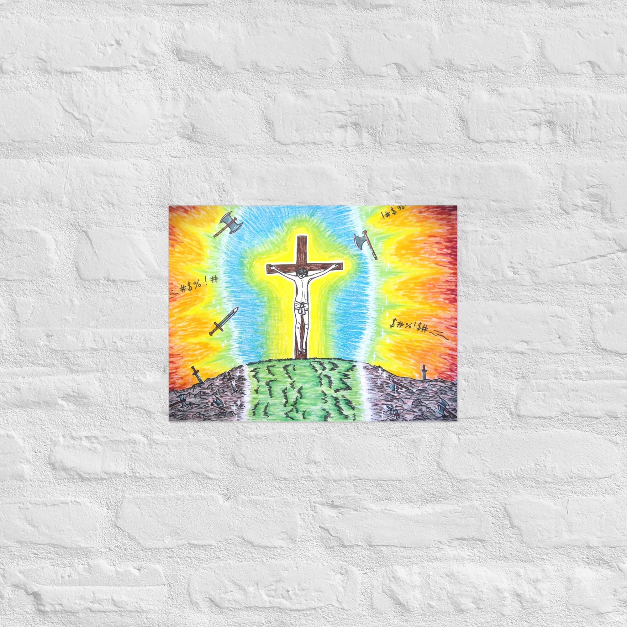 A colourful hand-drawn religious art print depicting a crucifix with Jesus on a hill, surrounded by blue and yellow light rays, with swords and crosses on a hillside below, shown against a plain white background.