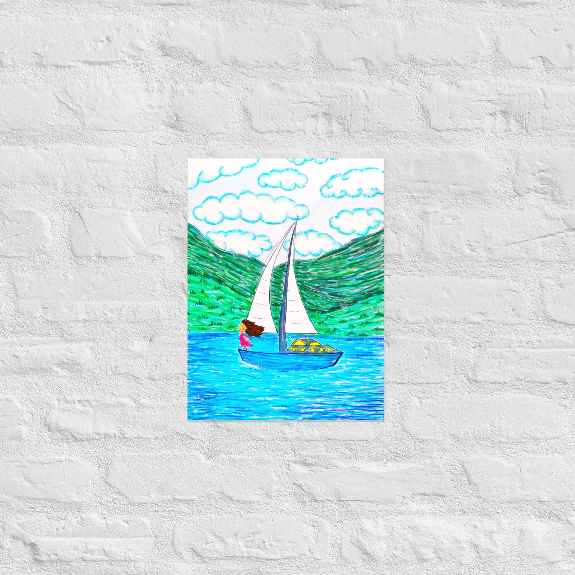 Freedom poster in sizes: 12″×16″, 16″×20″ and 24″×36″, with a girl on a sailboat sailing across the ocean – AllThingsGoode
