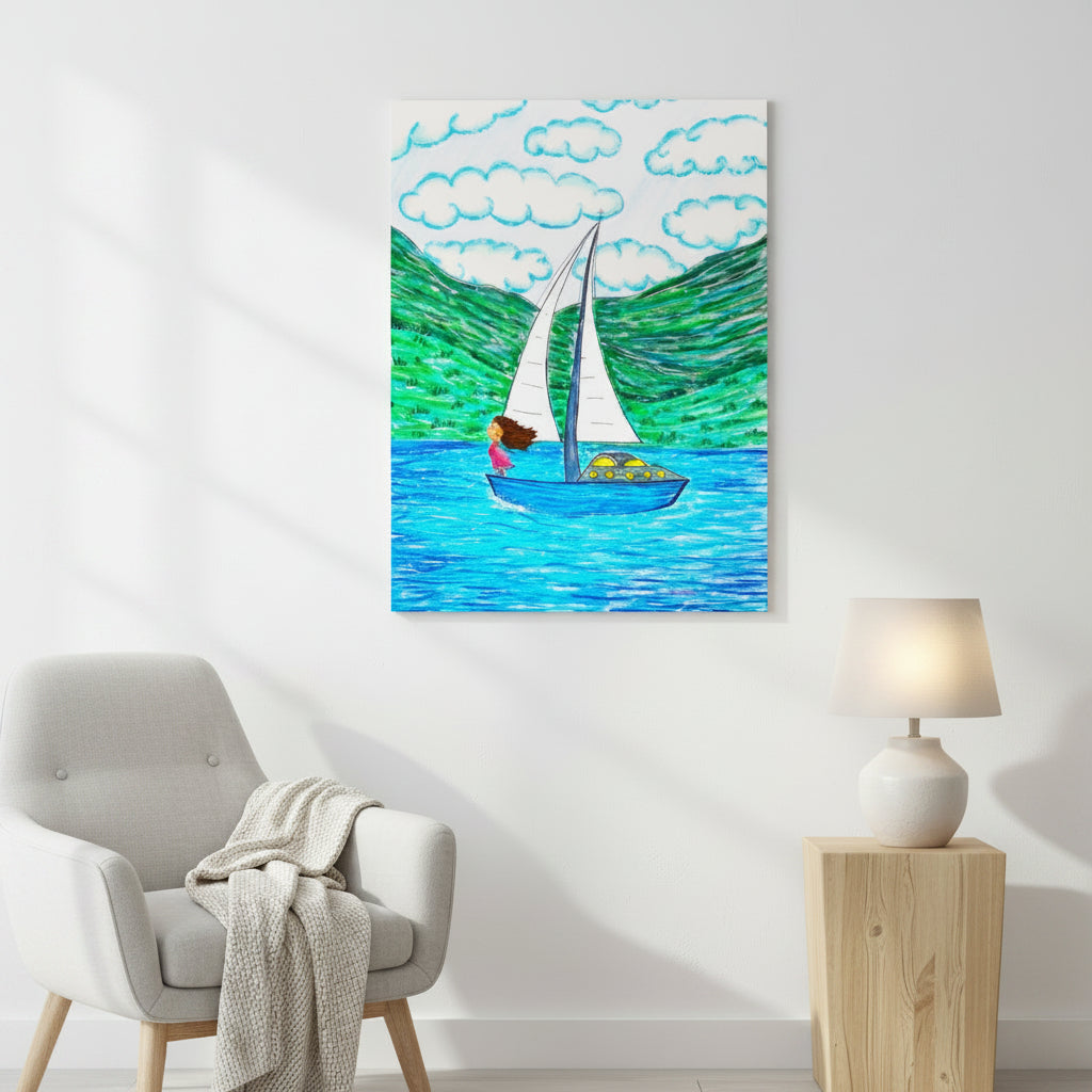Freedom poster in sizes: 12″×16″, 16″×20″ and 24″×36″, with a girl on a sailboat sailing across the ocean – AllThingsGoode