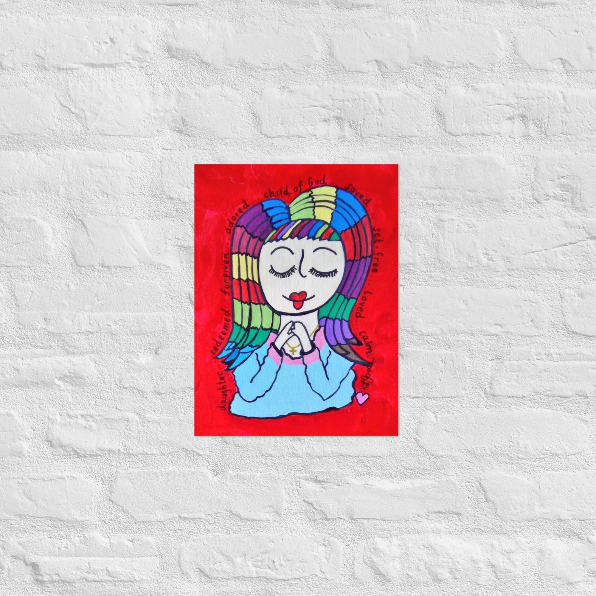Child of God 12x16 poster featuring a girl with rainbow coloured hair and encouraging words surrounding her – AllThingsGoode