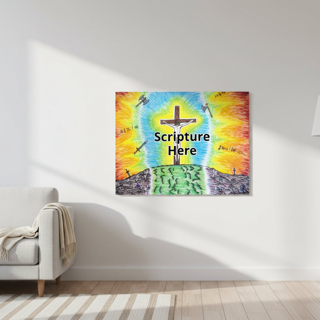 The Ultimate Sacrifice 12x16 personalised poster featuring Jesus on the cross with curse words and weapons being thrown at Him but surrounding Him is a radiant light – AllThingsGoode 