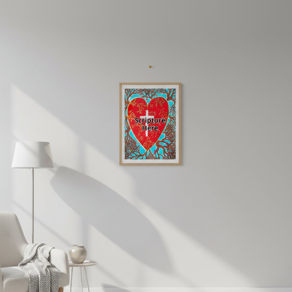 Rooted In Love 12x16 poster featuring a red heart with a cross inside of it and roots coming out of the heart – AllThingsGoode