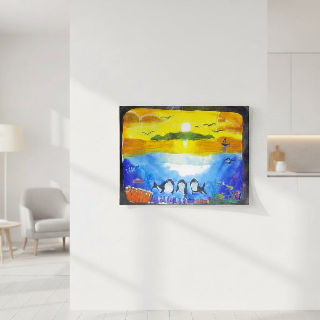 Dolfriends 12x16 personalised poster featuring three dolphin friends in the beautiful ocean with a sunset in the background – AllThingsGoode