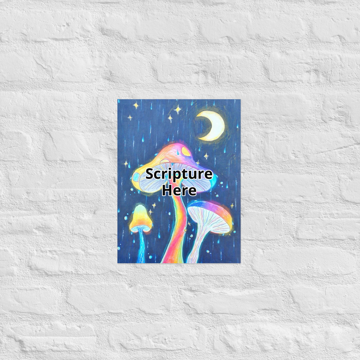 Glowing Mushrooms 12x16 personalised poster featuring 3 glowing mushrooms with a rainy midnight background with a crescent moon – AllThingsGoode