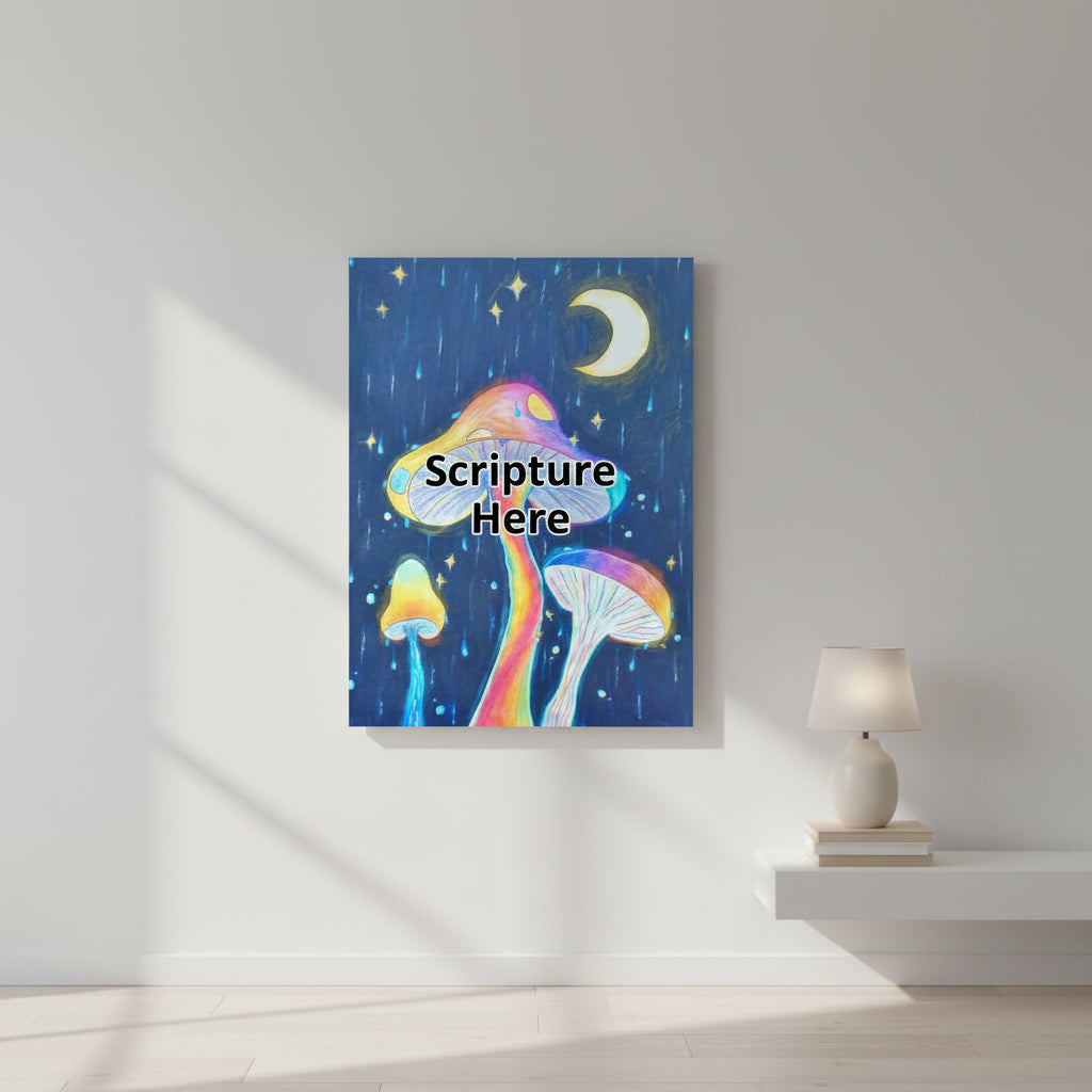 Glowing Mushrooms 12x16 personalised poster featuring 3 glowing mushrooms with a rainy midnight background with a crescent moon – AllThingsGoode