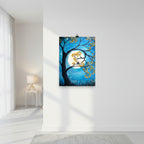 Art print of a tree with yellow leaves against a blue sky with a full moon and stars.