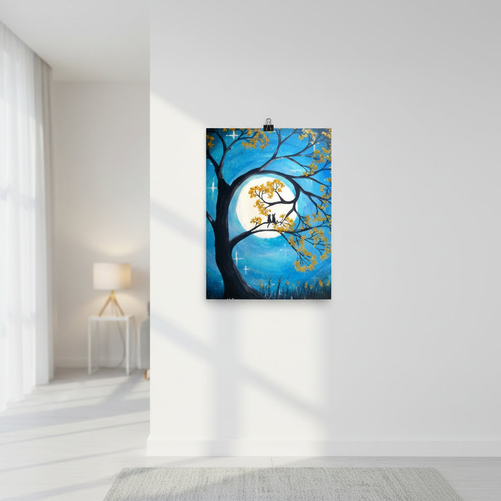 Art print of a tree with yellow leaves against a blue sky with a full moon and stars.