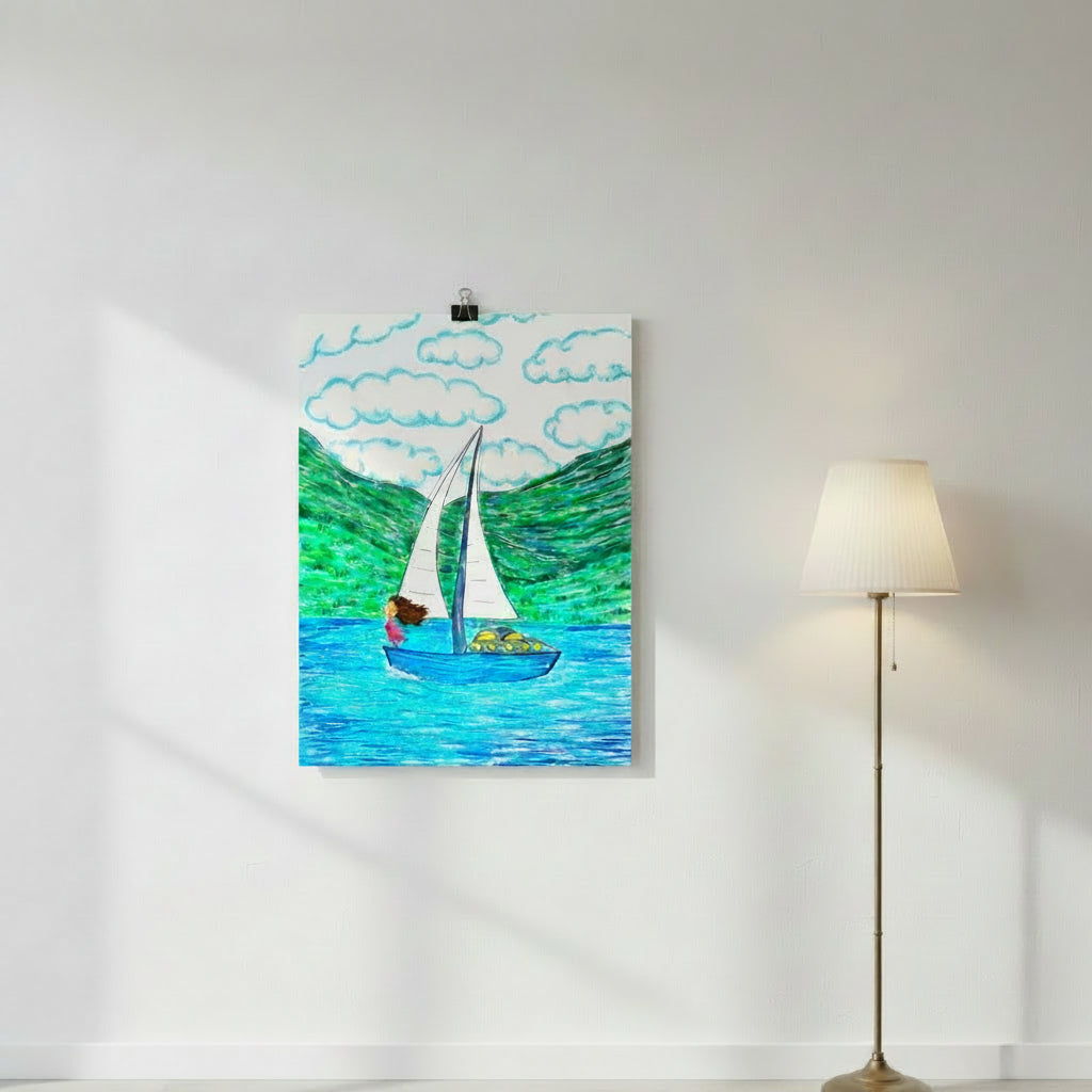 Freedom poster in sizes: 12″×16″, 16″×20″ and 24″×36″, with a girl on a sailboat sailing across the ocean – AllThingsGoode