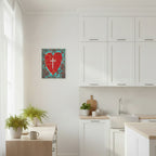 Decorative heart with cross painting on a wall above a bed.