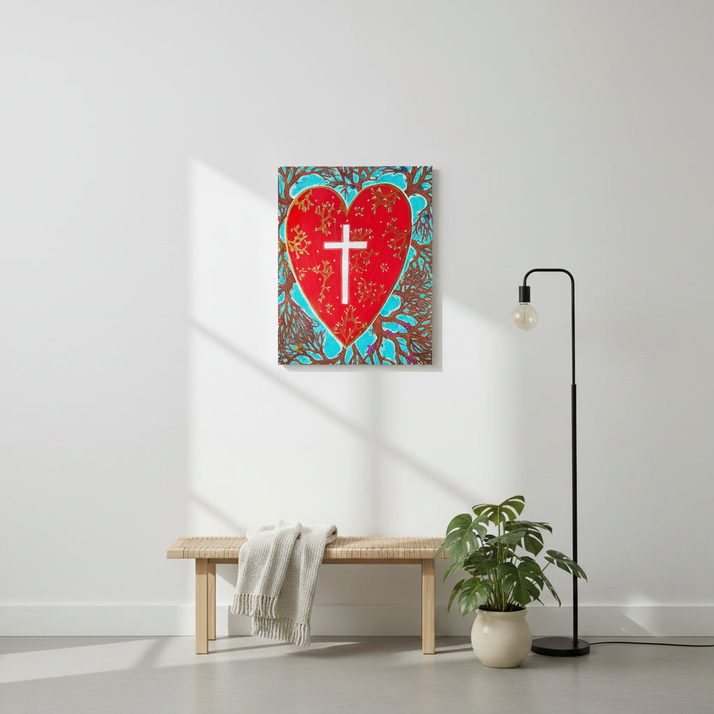 Card with a red heart featuring a white cross, surrounded by nature-themed design on a white background.