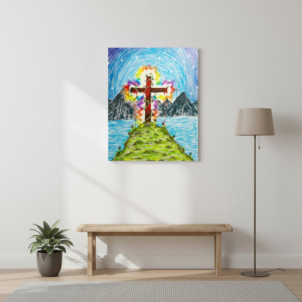 Colorful cross with rainbow flames on a mountain island with a blue sky background