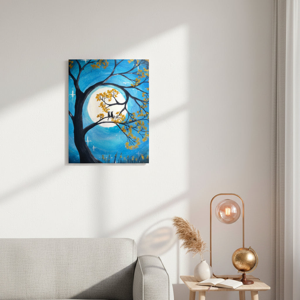 Painting of a tree with yellow leaves against a blue sky with a full moon.