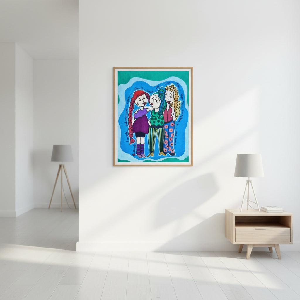 Poster with 3 unique girls surrounded by encouraging and uplifting words.