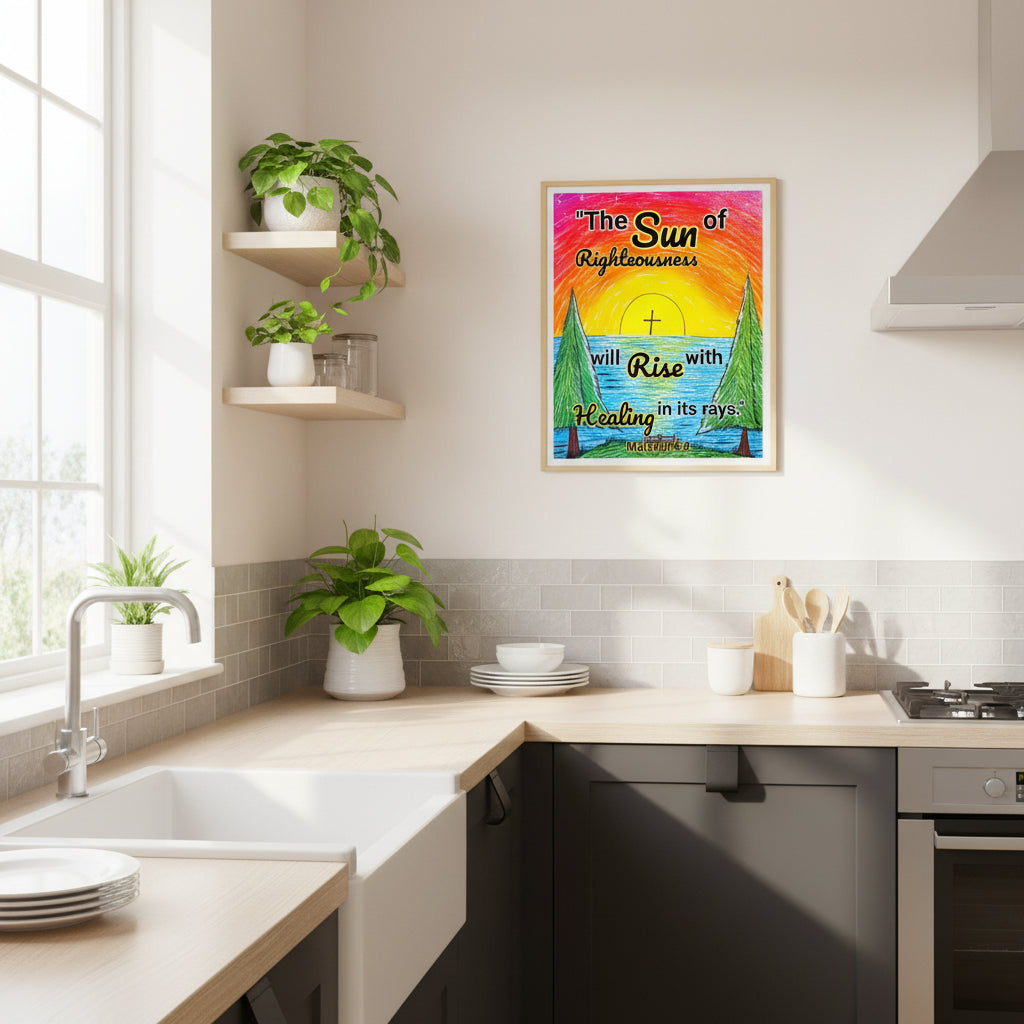 Poster with a sunrise design with Malachi 4:2, "The sun of righteousness will rise with healing in its rays."