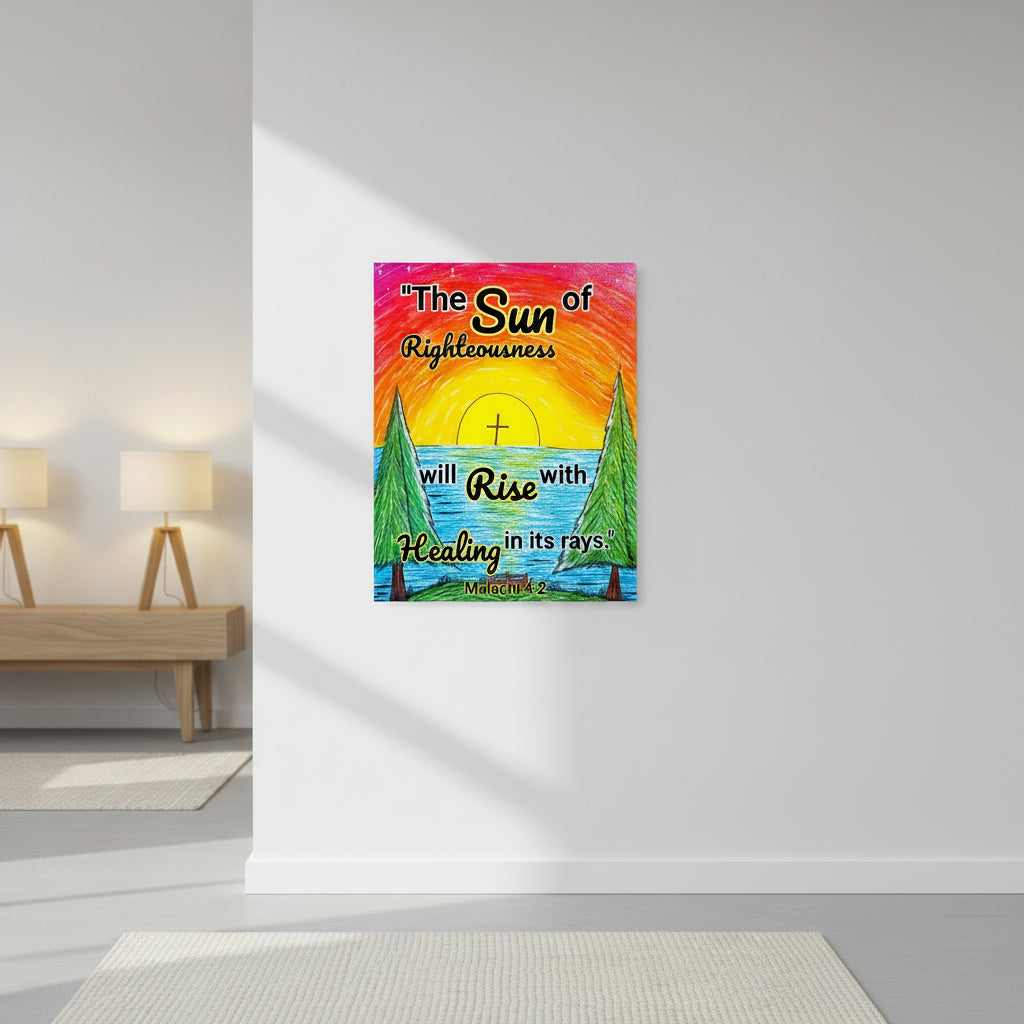Poster with a sunrise design with Malachi 4:2, "The sun of righteousness will rise with healing in its rays."
