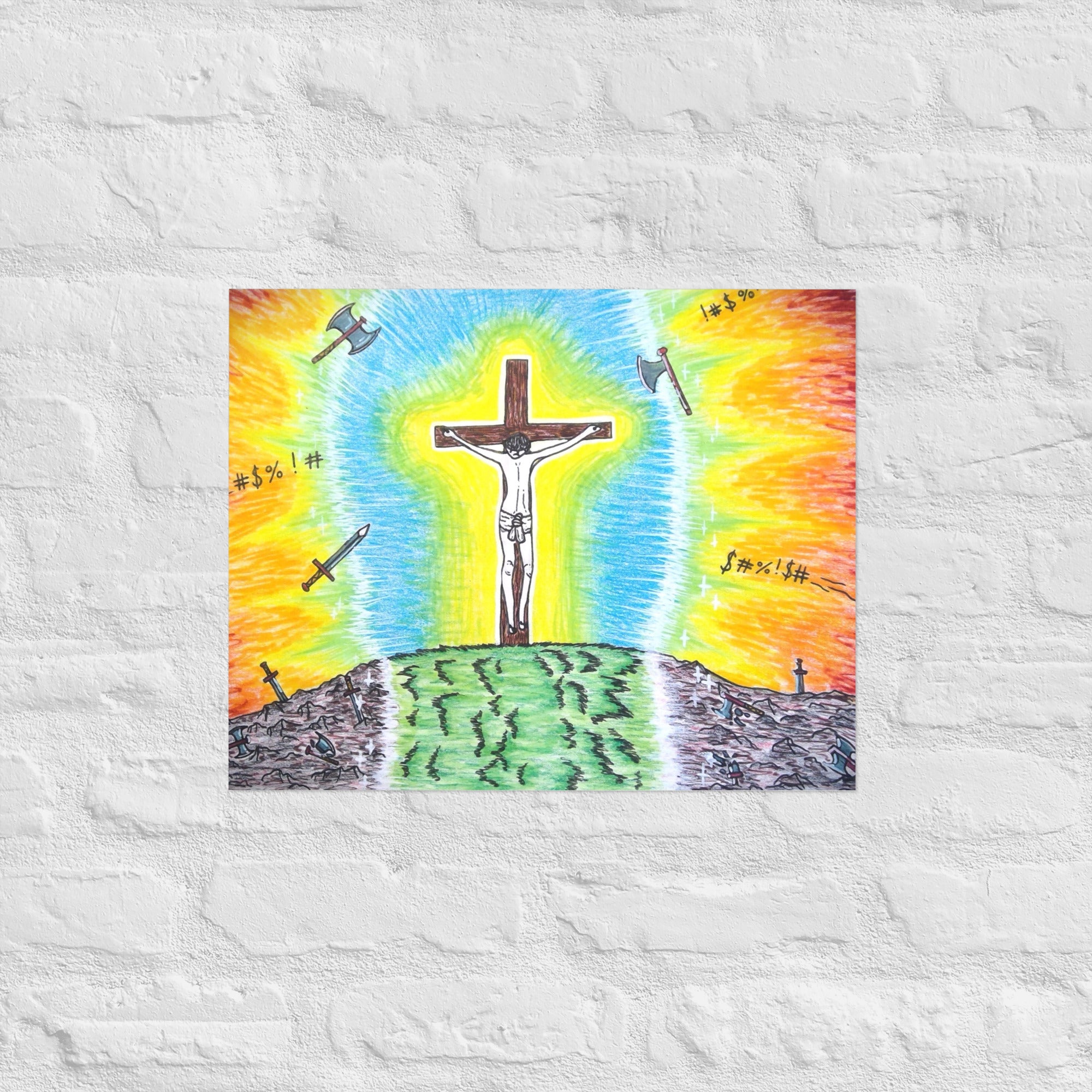 A colourful hand-drawn religious art print depicting a crucifix with Jesus on a hill, surrounded by blue and yellow light rays, with swords and crosses on a hillside below, shown against a plain white background.